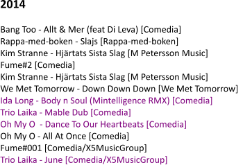 2014  Bang Too - Allt & Mer (feat Di Leva) [Comedia]    Rappa-med-boken - Slajs [Rappa-med-boken] Kim Stranne - Hjärtats Sista Slag [M Petersson Music] Fume#2 [Comedia] Kim Stranne - Hjärtats Sista Slag [M Petersson Music]   We Met Tomorrow - Down Down Down [We Met Tomorrow]   Ida Long - Body n Soul (Mintelligence RMX) [Comedia]   Trio Laika - Mable Dub [Comedia]   Oh My O  - Dance To Our Heartbeats [Comedia]   Oh My O - All At Once [Comedia]   Fume#001 [Comedia/X5MusicGroup]   Trio Laika - June [Comedia/X5MusicGroup]
