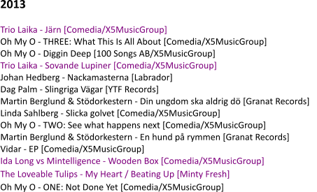 2013  Trio Laika - Järn [Comedia/X5MusicGroup]   Oh My O - THREE: What This Is All About [Comedia/X5MusicGroup]    Oh My O - Diggin Deep [100 Songs AB/X5MusicGroup]    Trio Laika - Sovande Lupiner [Comedia/X5MusicGroup]    Johan Hedberg - Nackamasterna [Labrador]    Dag Palm - Slingriga Vägar [YTF Records]    Martin Berglund & Stödorkestern - Din ungdom ska aldrig dö [Granat Records]    Linda Sahlberg - Slicka golvet [Comedia/X5MusicGroup]    Oh My O - TWO: See what happens next [Comedia/X5MusicGroup]    Martin Berglund & Stödorkestern - En hund på rymmen [Granat Records]    Vidar - EP [Comedia/X5MusicGroup]    Ida Long vs Mintelligence - Wooden Box [Comedia/X5MusicGroup]    The Loveable Tulips - My Heart / Beating Up [Minty Fresh]    Oh My O - ONE: Not Done Yet [Comedia/X5MusicGroup]