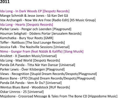 2011  Ida Long - In Dark Woods EP [Despotz Records]    Mange Schmidt & Jesse Jones - Så Kan Det Gå    Vox Archangeli - Now We Are Free (Radio Edit) [X5 Music Group]    Ida Long - Hearts [Despotz Records]    Parker Lewis - Pengar och Leenden [Playground]    Houman Sebghati - Dödens Portar [Jerusalem Records]    Kamchatka - Bury Your Roots [GMR]    Toffer - Nattbuss [The Soul Lounge Records]    Jessica Falk - The Nashville Sessions [Universal]    Nimo - Gungar Fram (feat Näääk & Kaliffa) [Slang Musik]    Ansiktet - X [Sweden Music/Universal]    Ida Long - Mad World [Despotz Records]    Panda DA Panda - Titta När Han Dansar [Universal]    Parker Lewis - Över Kilsbergen [Playground]    Views - Recognition [Stupid Dream Records/Despotz/Playground]    Baron Bane - LPTO [Stupid Dream Records/Despotz/Playground]    Panda DA Panda - Vem Är Du? [Universal]    Wentus Blues Band - Woodstock [RUF Records]    Oskar Linnros - 25 [Universal]    Mojobone - Crossroad Message & Tales From The Bone CD [Hippodome Music]